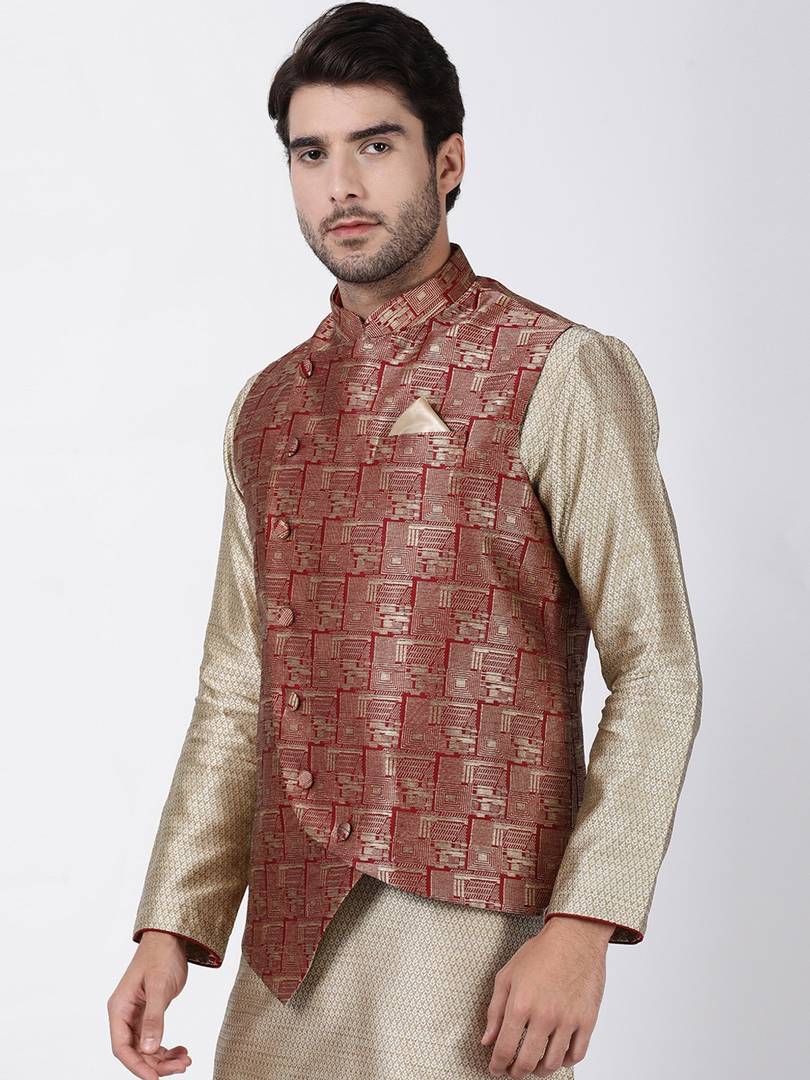 Men's Maroon 
Cotton Blend
 Woven Design Nehru Jackets